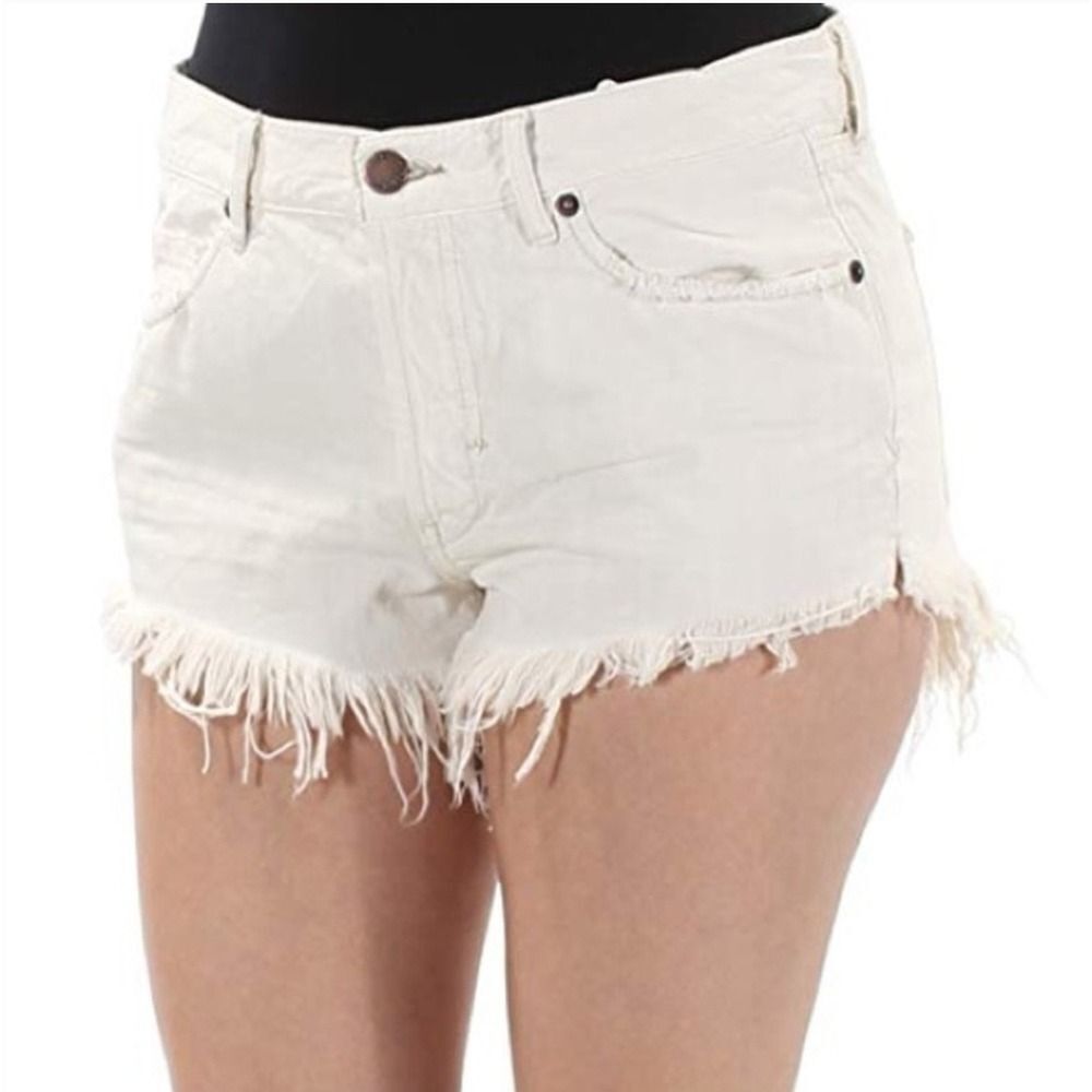 We The Free Women's White Denim Shorts Frayed Hem Button Fly Size 26
